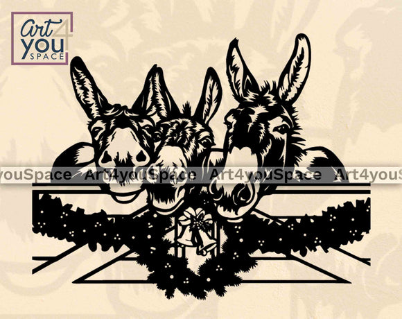 donkeys peeking over the  christmas fence svg