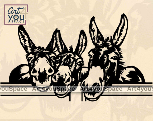 three funny donkeys peeking over a fence svg file