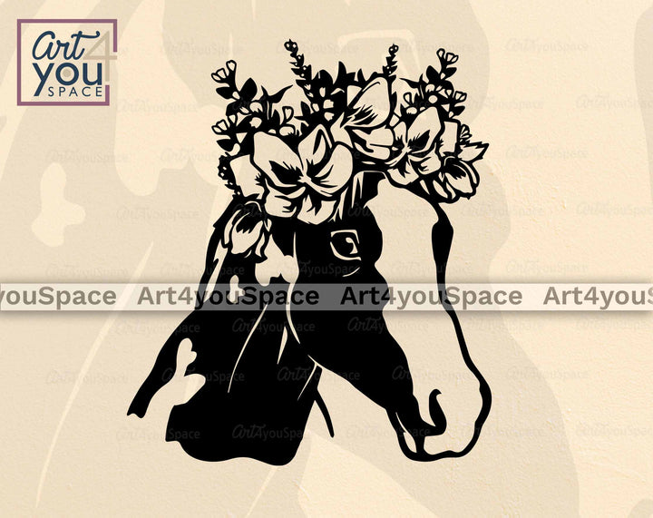 Paint Horse With Flowers Wreath on the Head Black And White Graphics