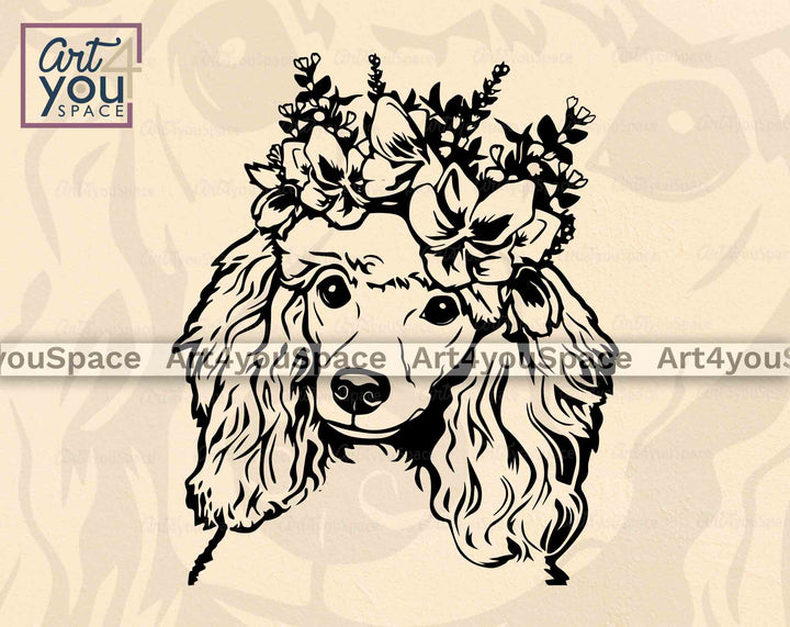 poosle dog with flower wreath svg